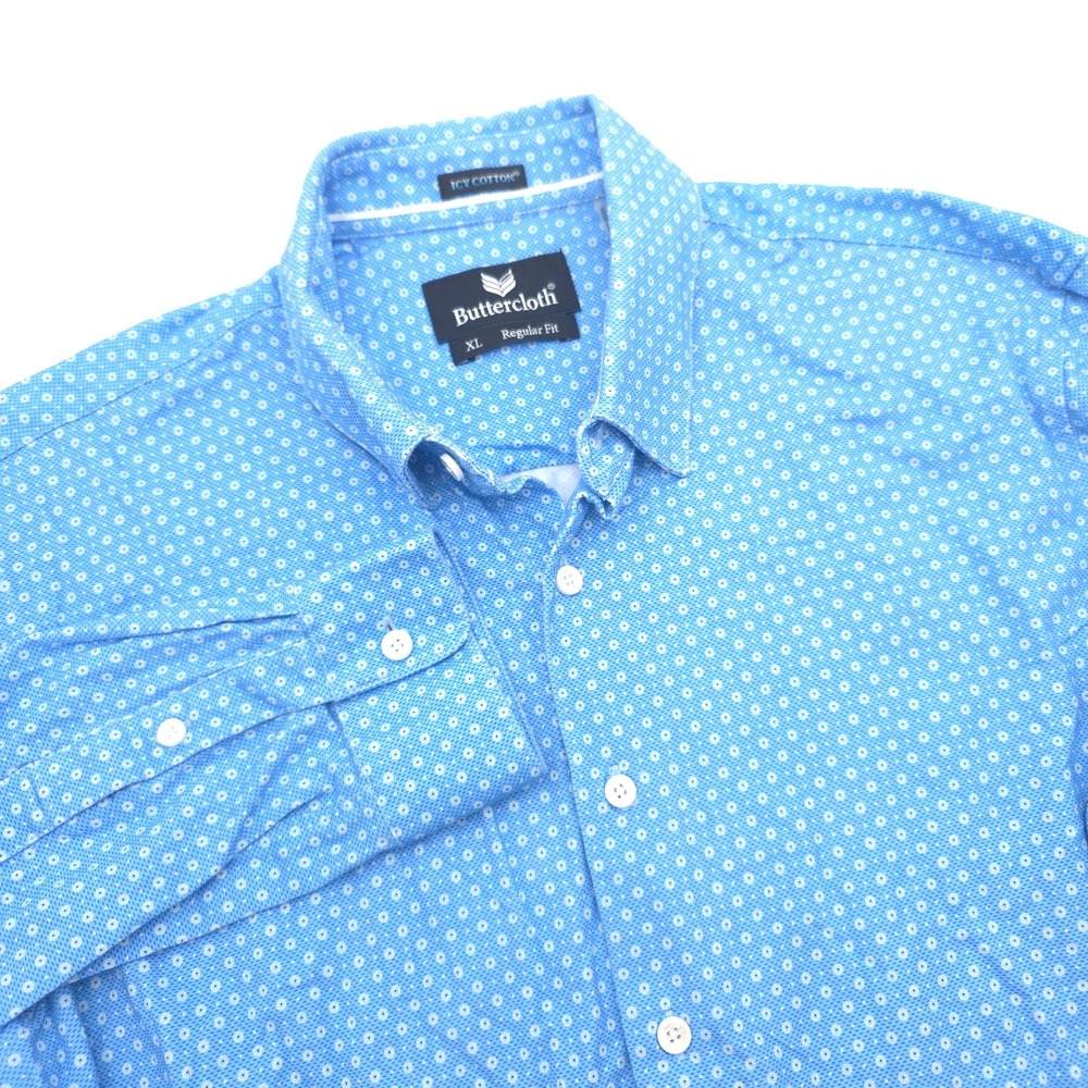 Buttercloth Icy Cotton Shirt XL Regular Fit Blue Geometric Floral Long Sleeve